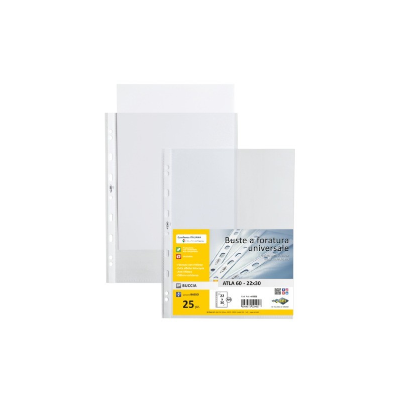 Buste a perforazione universale Sei Rota Atla 22x30 cm in PP basso spessore - finitura goffrata - conf. 25 pz - 662206