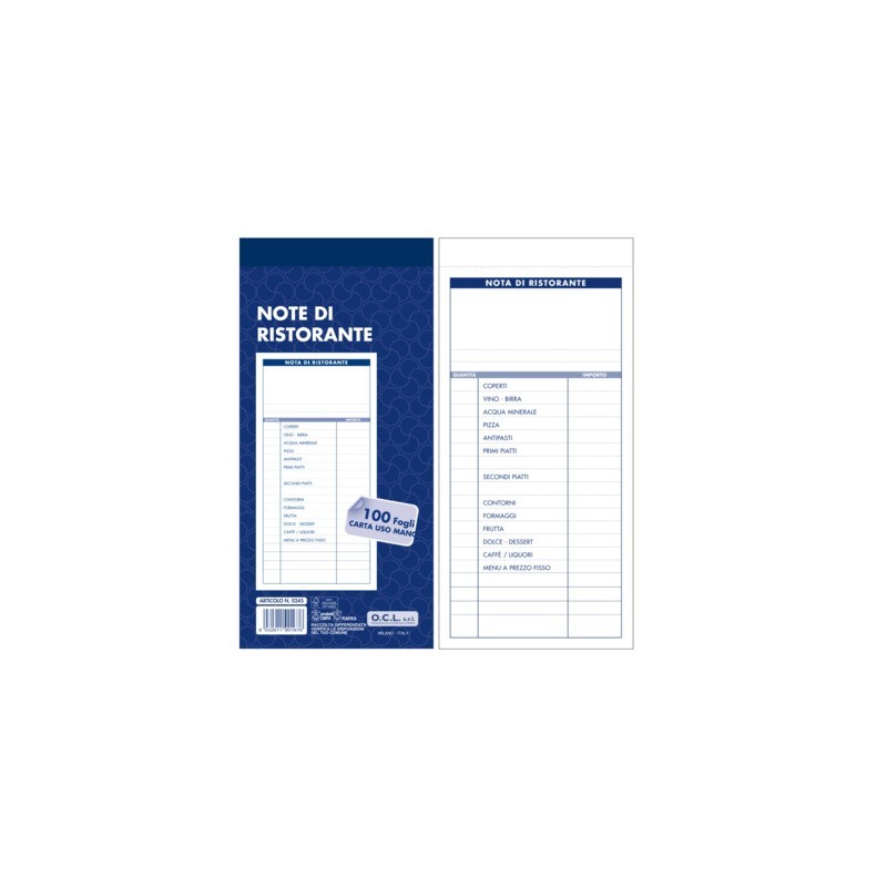 Blocco note ristorante O.C.L. 100 fogli a 3 colonne -10,2x21,6 cm - conf. 2 blocchi - 0207N