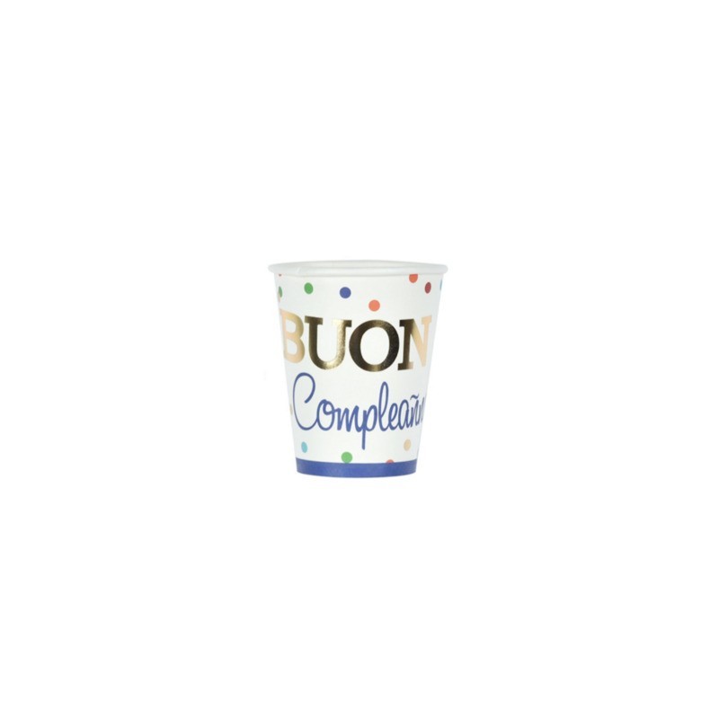 Bicchieri di carta Party Go Buon Compleanno pois colorati 27 ml - conf. 6 pz - AI0336
