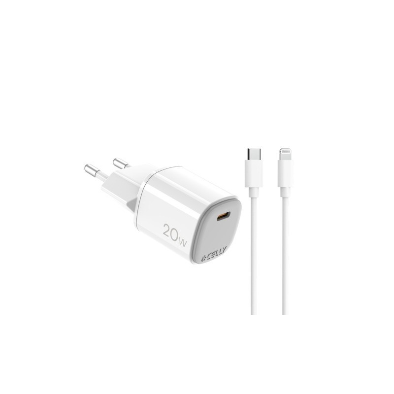 Caricatore da parete Celly GaN 1x USB-C 20W + cavo USB-C / Lightning - bianco UPTC1USBC20WCTL