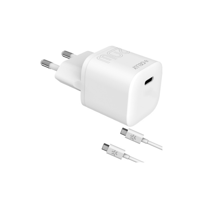 Caricatore da parete Celly USB-C + cavo USB-C / USB-C in gomma - bianco PC2TC20WUSBCCAB