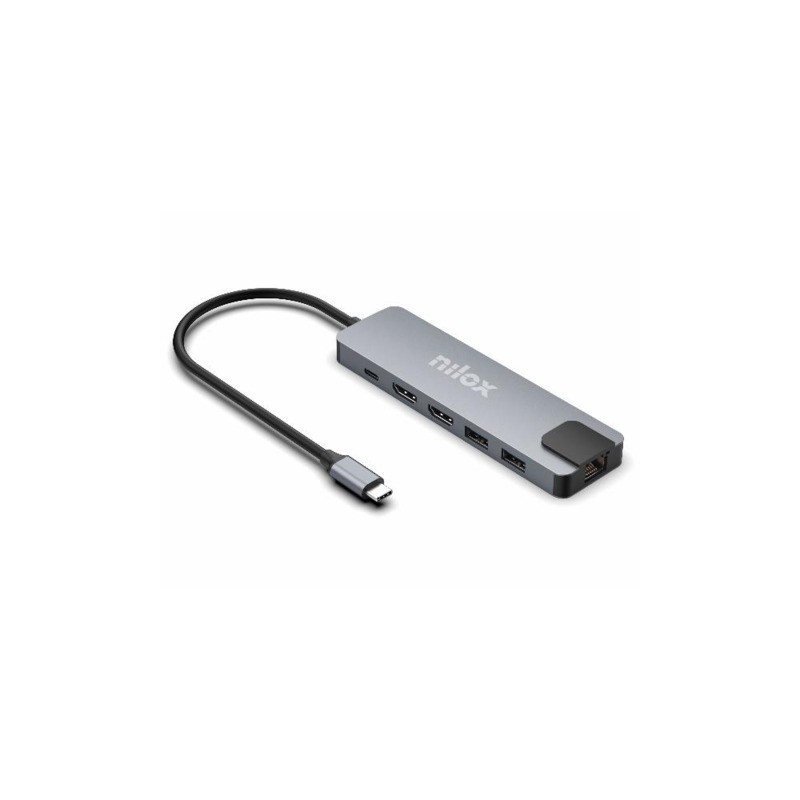Docking station USB-C 8 in 1 Nilox Tech 2x HDMI 4K + 1x RJ45 + 3x USB-A 3.2 + 1x USB-A + 1x USB-C fino 100 W grigio -