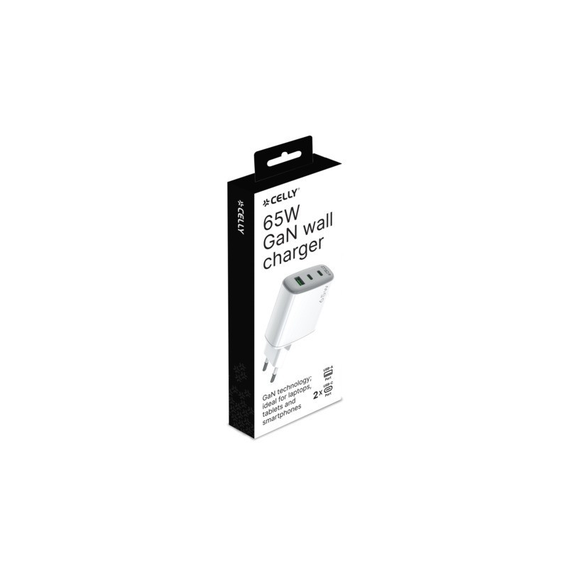 Caricatore da parete Celly GaN 2x USB-C 65W + 1x USB-A 60W - bianco UPTC1USB2USBC65