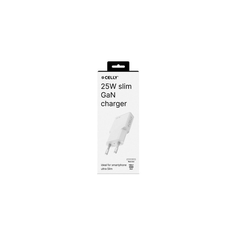 Caricatore da parete ultra slim Celly GaN 1x USB-C 25W bianco SLIMTC1C25WWH