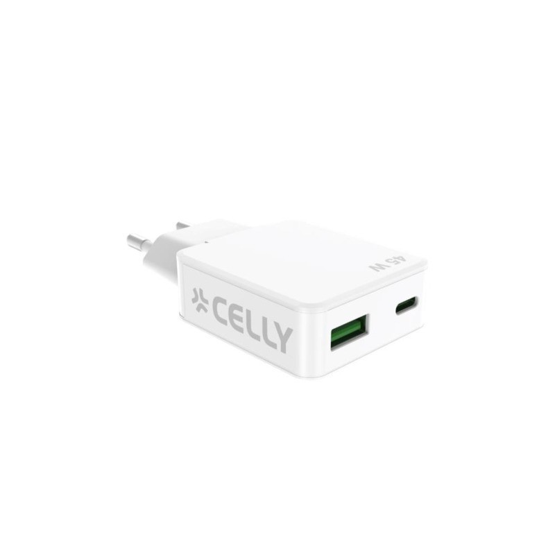 Caricatore da parete ultra slim Celly GaN 1x USB-C 45W 1x USB-A 18W bianco SLIMTC1C1A45WWH