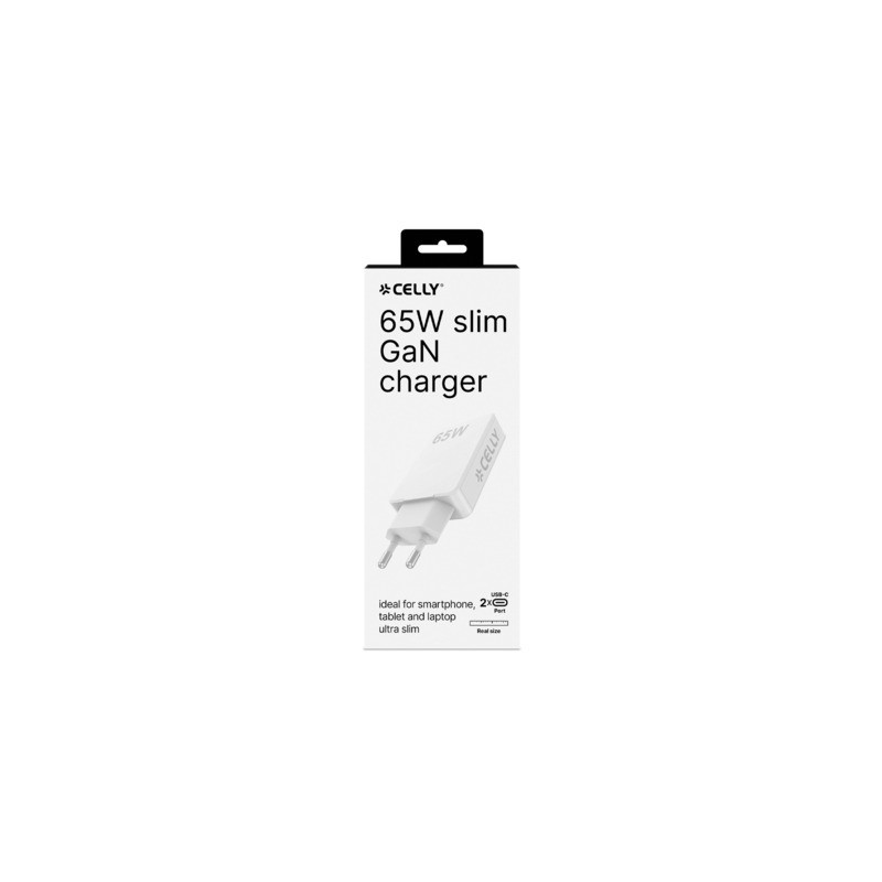 Caricatore da parete ultra slim Celly GaN 2x USB-C 65W bianco SLIMTC2C65WWH