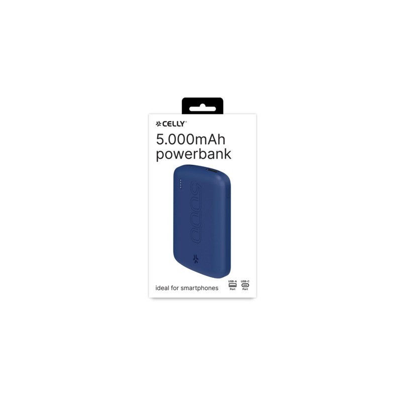 Powerbank compatto Celly PBE EVO 5.000 mAh 1x USB-C + 1x USB-A blu PBE5000EVOBL
