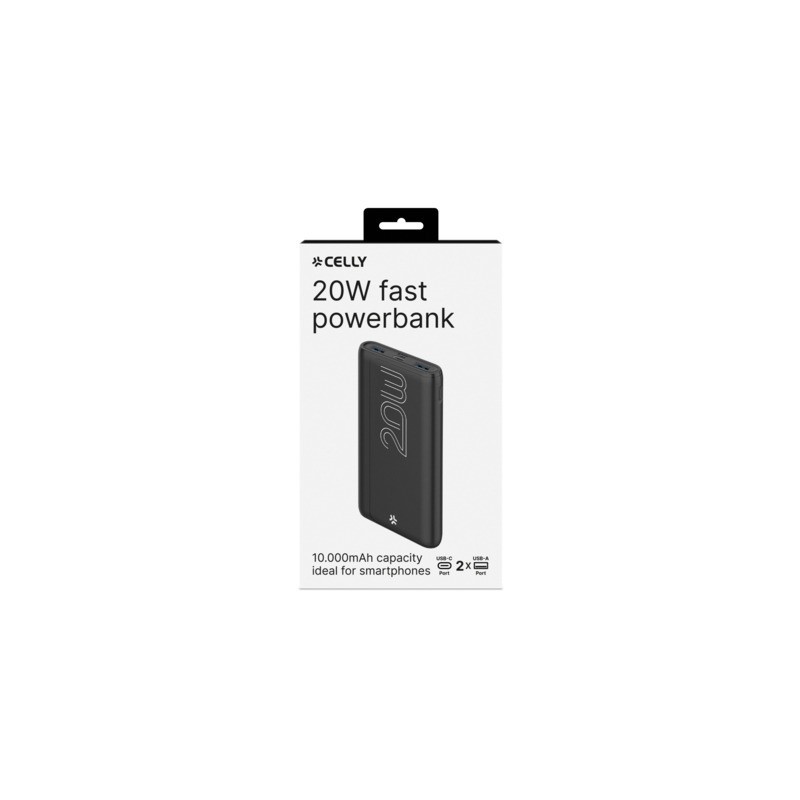 Powerbank compatto Celly PBE EVO 10.000 mAh 2x USB-A + 1x MicroUSB + 1x USB-C - 20W nero - PBPD10000EVOBK