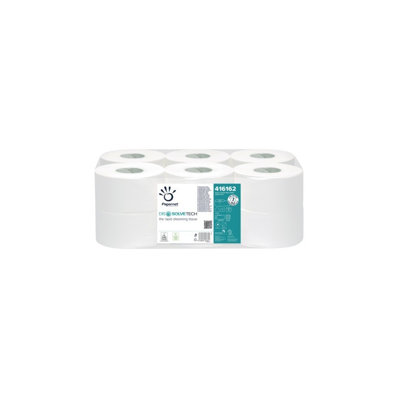 Carta igienica mini Jumbo Papernet con tecnologia Dissolve Tech 1 velo - bianco - conf. 12 pz - 416162