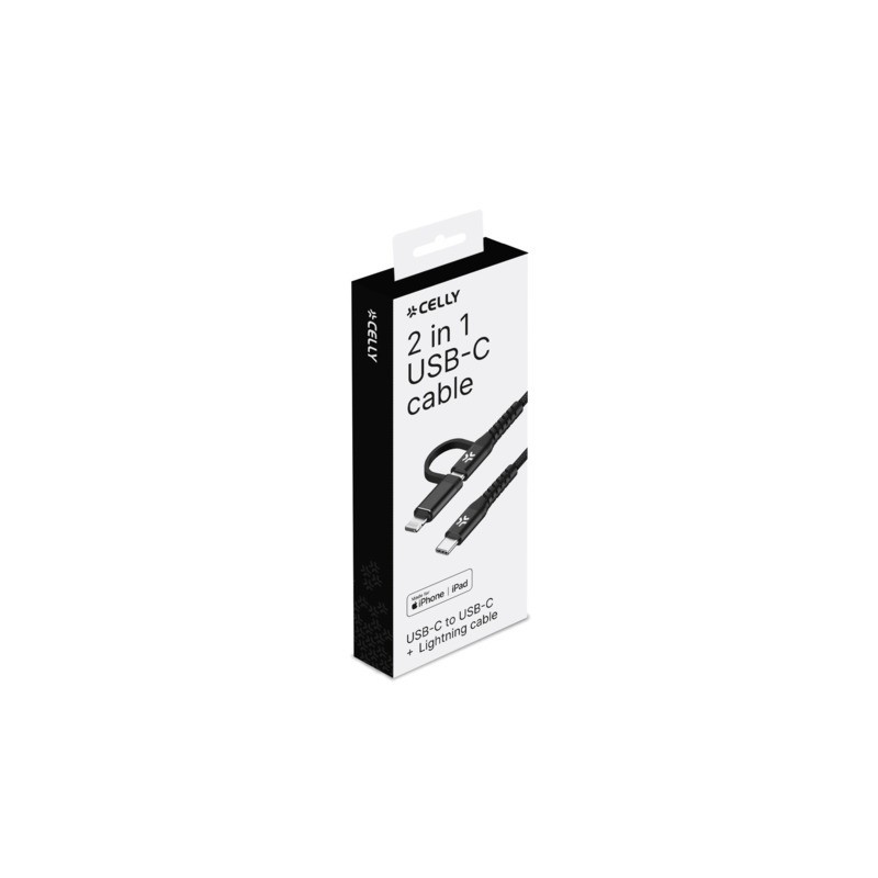 Cavo USB-C/USB-C Celly USBC2IN1 in nylon intrecciato con adattatore Lightning 100W - 1 m nero - USBC2IN1BK