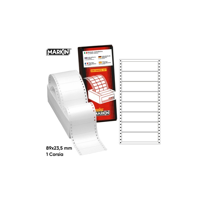 Etichette bianche a modulo continuo Markin 1 corsia 6.000 etichettte - 89x23,5 mm - conf. 500 ff - X200S604