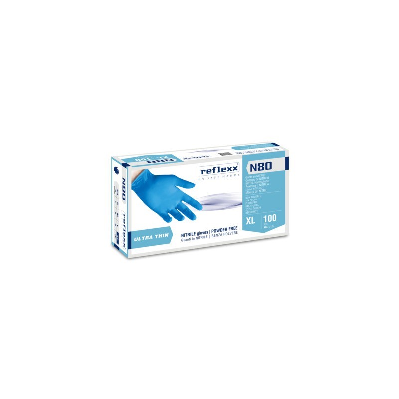 Guanti monouso in nitrile senza polvere Reflexx per pulizia/igiene ambidestri - TG XL DPI Cat. III conf. 100 pz N80B/XL