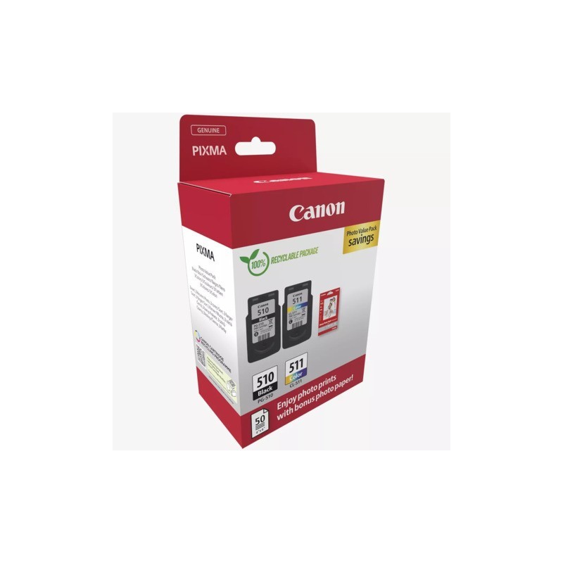 Set Photo Value Pack Canon 2 cartucce PG-510 nero e CL-511 tricromia + 50 ff carta fotografica 10x15 cm - 2970B017