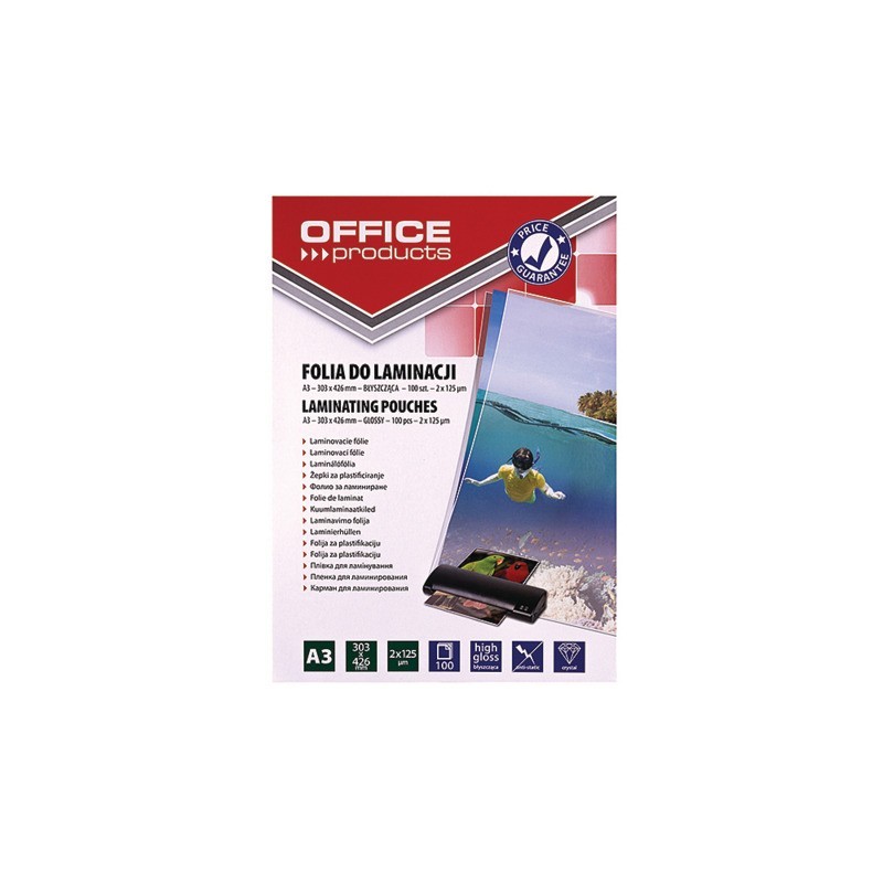 Pouches per plastificatrici Office Products 2x125 µm finitura lucida A3 - conf. 100 pezzi - 20325635-90