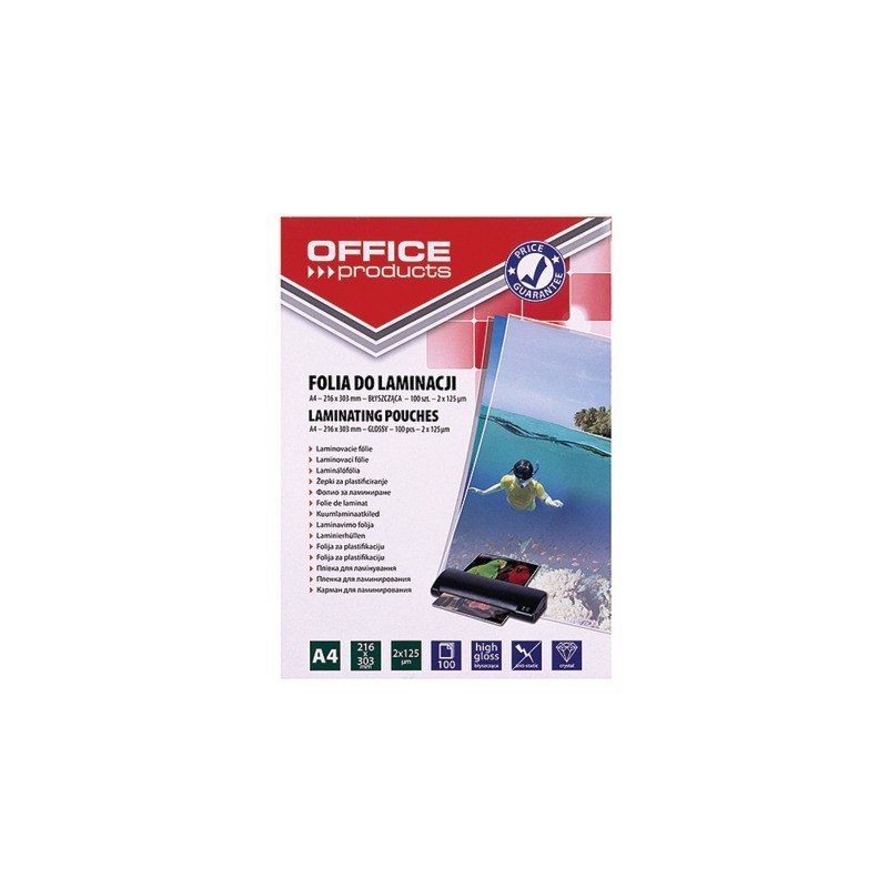 Pouches per plastificatrici Office Products 2x125 µm finitura lucida A4 - conf. 100 pezzi - 20325435-90