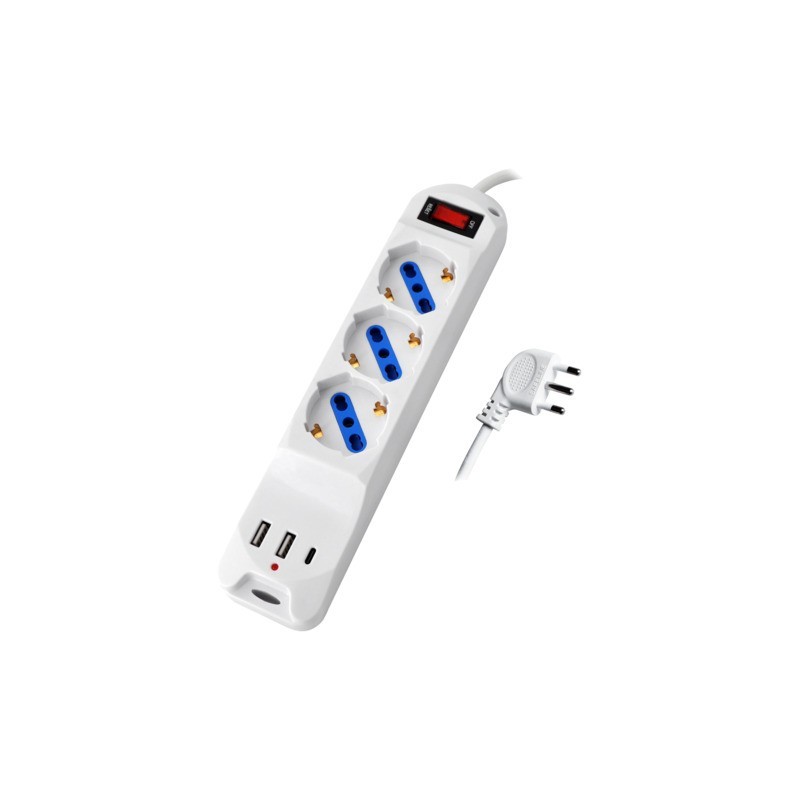 Multipresa con pulsante MKC 3 posizioni schuko bipasso 10/16A + 2 USB-A e 1 USB-C spina 16A 2P+T cavo 1,5 m