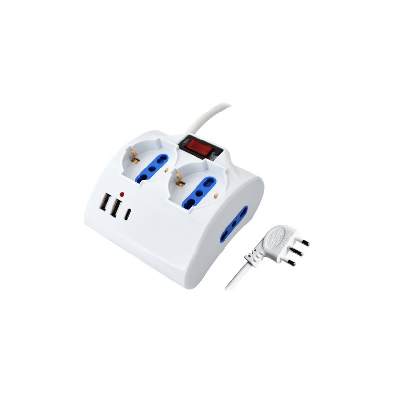 Multipresa da scrivania MKC con interruttore 2 prese bipasso 10/16A + 2 prese bipasso schuko + 2 USB-A e 1 USB-C