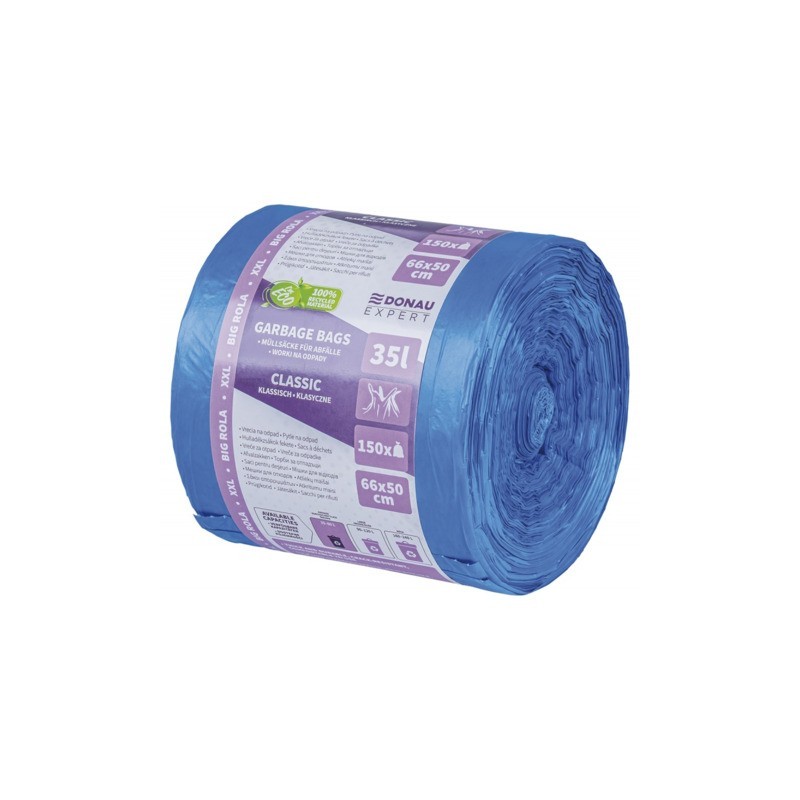 Sacchi immondizia per rifiuti inorganici Donau Expert 35 L 66x50 cm - 20 µm blu - rotolo 150 pz - 22384619-01