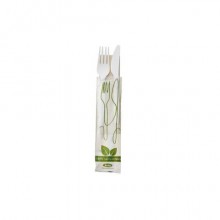 Set forchetta, coltello e tovagliolo in CPLA biodegradabile e compostabile Leone bianco - conf. 250 pz - Q2048.S