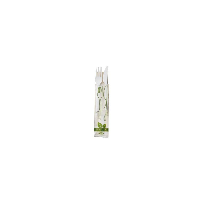 Set forchetta, coltello e tovagliolo in CPLA biodegradabile e compostabile Leone bianco - conf. 250 pz - Q2048.S