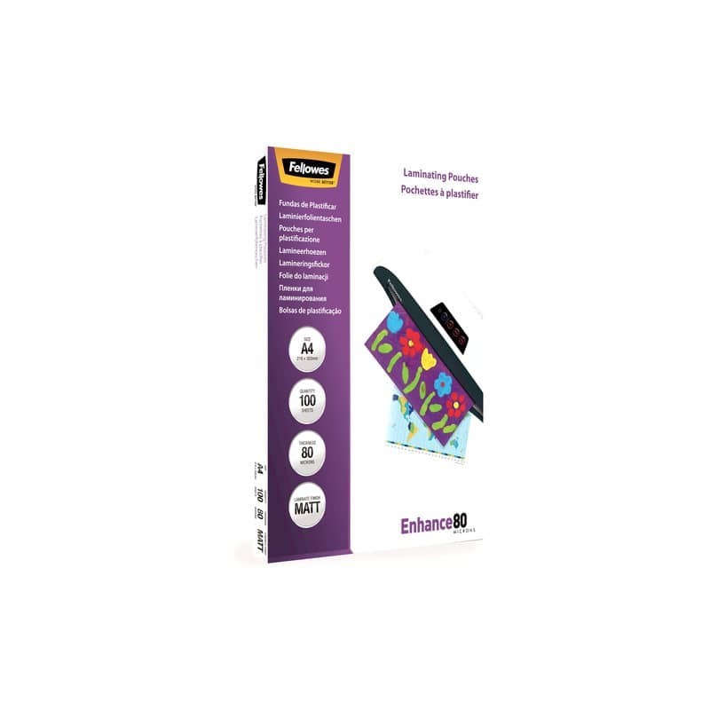 Pouches per plastificatrici Fellowes Standard Enhance80 finitura opaca - 2x80 µm - A4 - Conf. 100 pezzi - 5452103