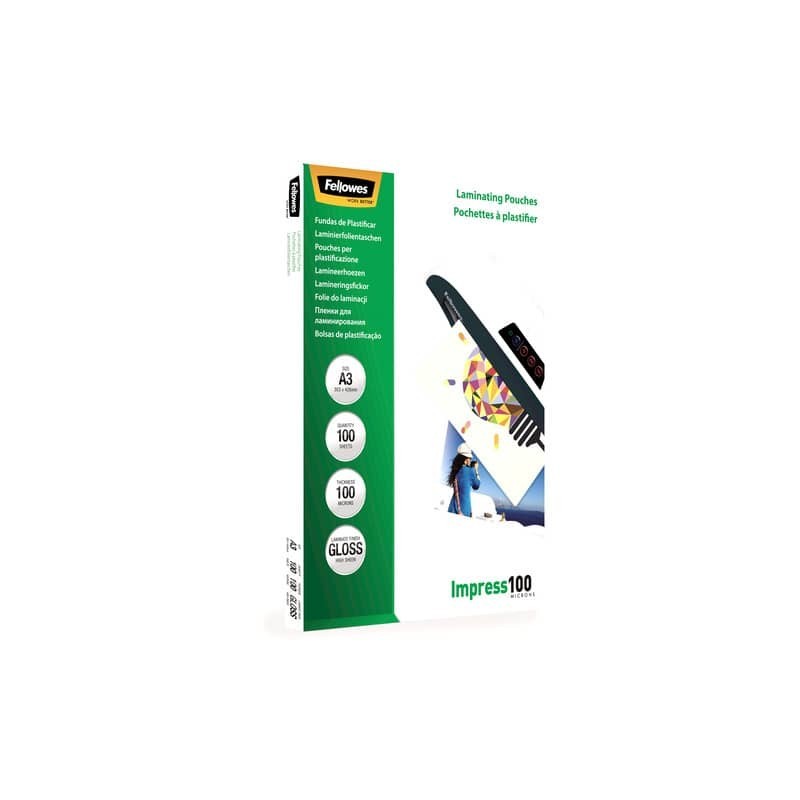 Pouches per plastificatrici Fellowes Standard Impress100 finitura lucida - 2x100 µm - A3 - Conf. 100 pezzi 5351205