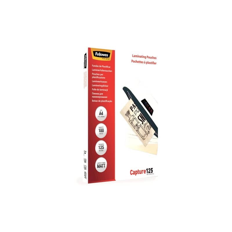 Pouches per plastificatrici Fellowes Standard Capture125 finitura opaca - 2x125 µm - A4 - Conf. 100 pezzi 5328502