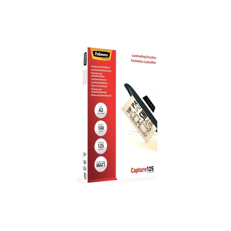 Pouches per plastificatrici Fellowes Standard Capture125 finitura opaca - 2x125 µm - A3 - Conf. 100 pezzi 5328601