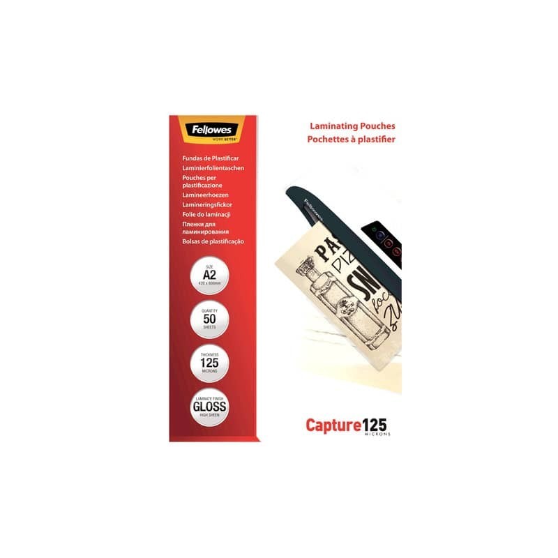 Pouches per plastificatrici Fellowes Standard Capture125 finitura lucida - 2x125 µm - A2 - Conf. 50 pz - 5309302