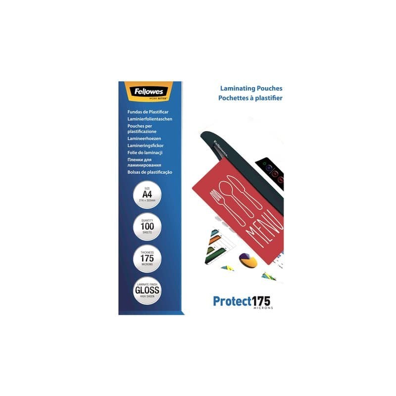 Pouches per plastificatrici Fellowes Standard Protect175 finitura lucida - 2x175 µm - A4 - Conf. 100 pezzi 5308703