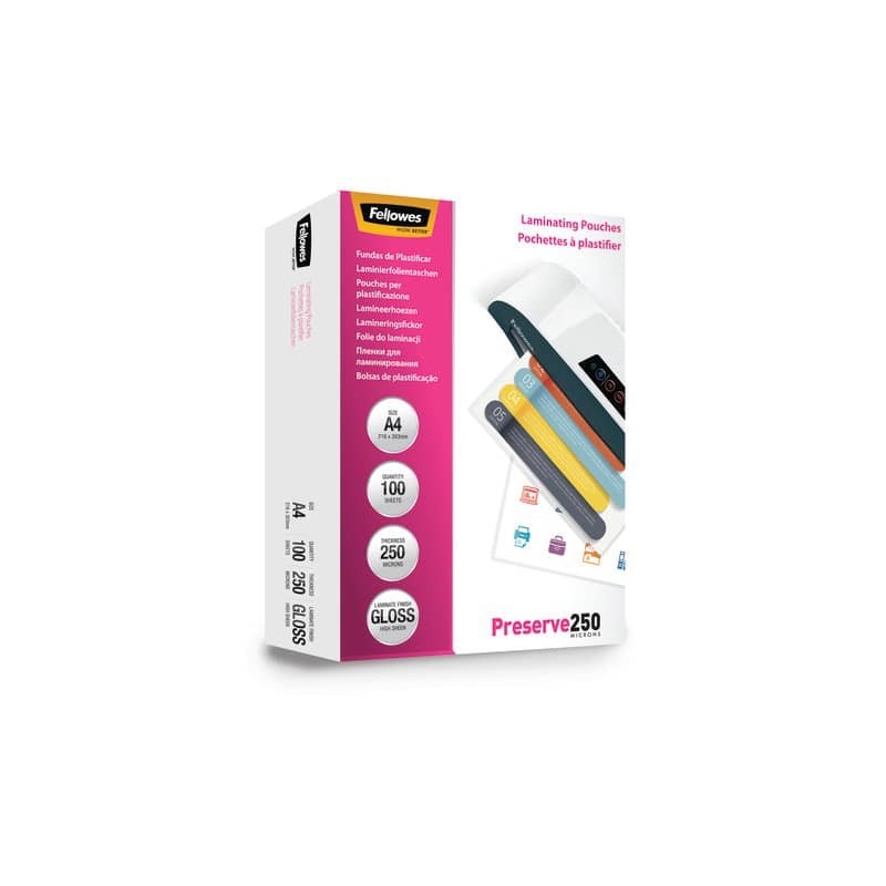 Pouches per plastificatrici Fellowes Standard Preserve250 finitura lucida - 2x250 µm - A4 - Conf. 100 pezzi 5401802